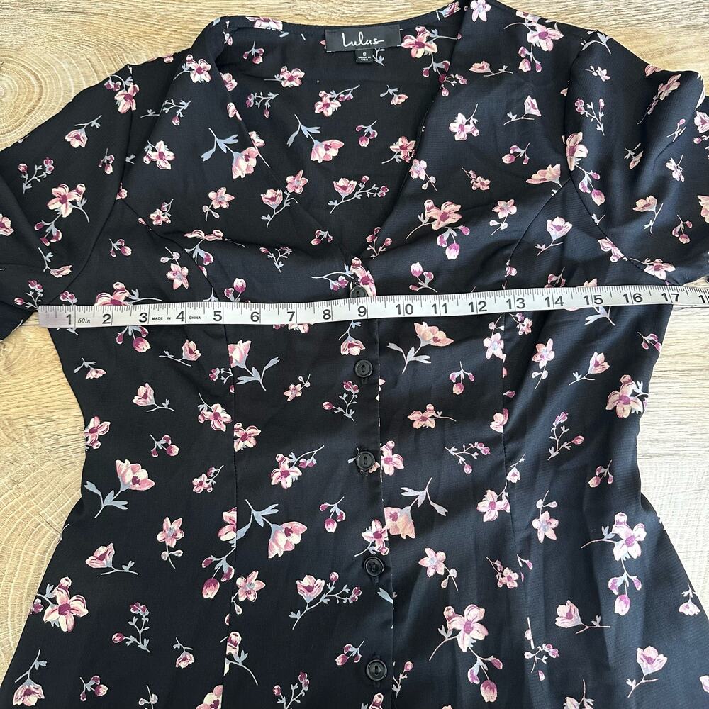 Lulus Love Blossoms Black Floral Print Button-Up Flounce Sleeve Dress S NEW - Picture 10 of 11